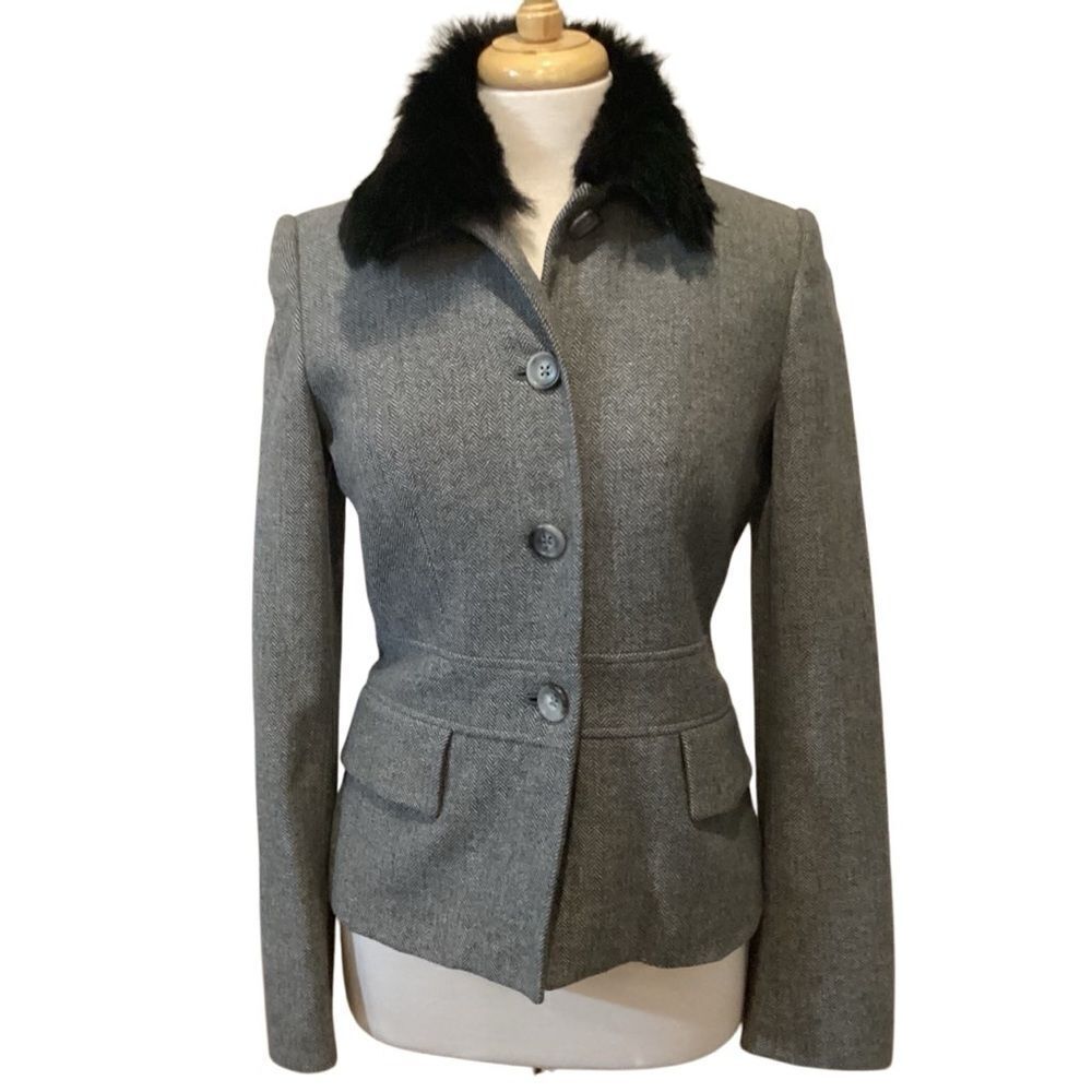 Banana Republic Gray Black Herringbone Detachable Lamb Collar Wool Jacket Size 6